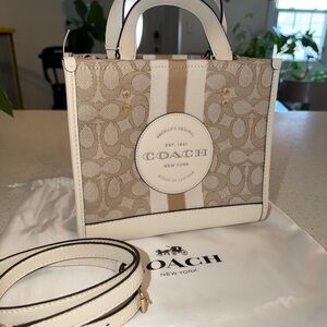 Coach small Beige Signature Jacquard Cream Leather Stripe Dempsey 22 Satchel